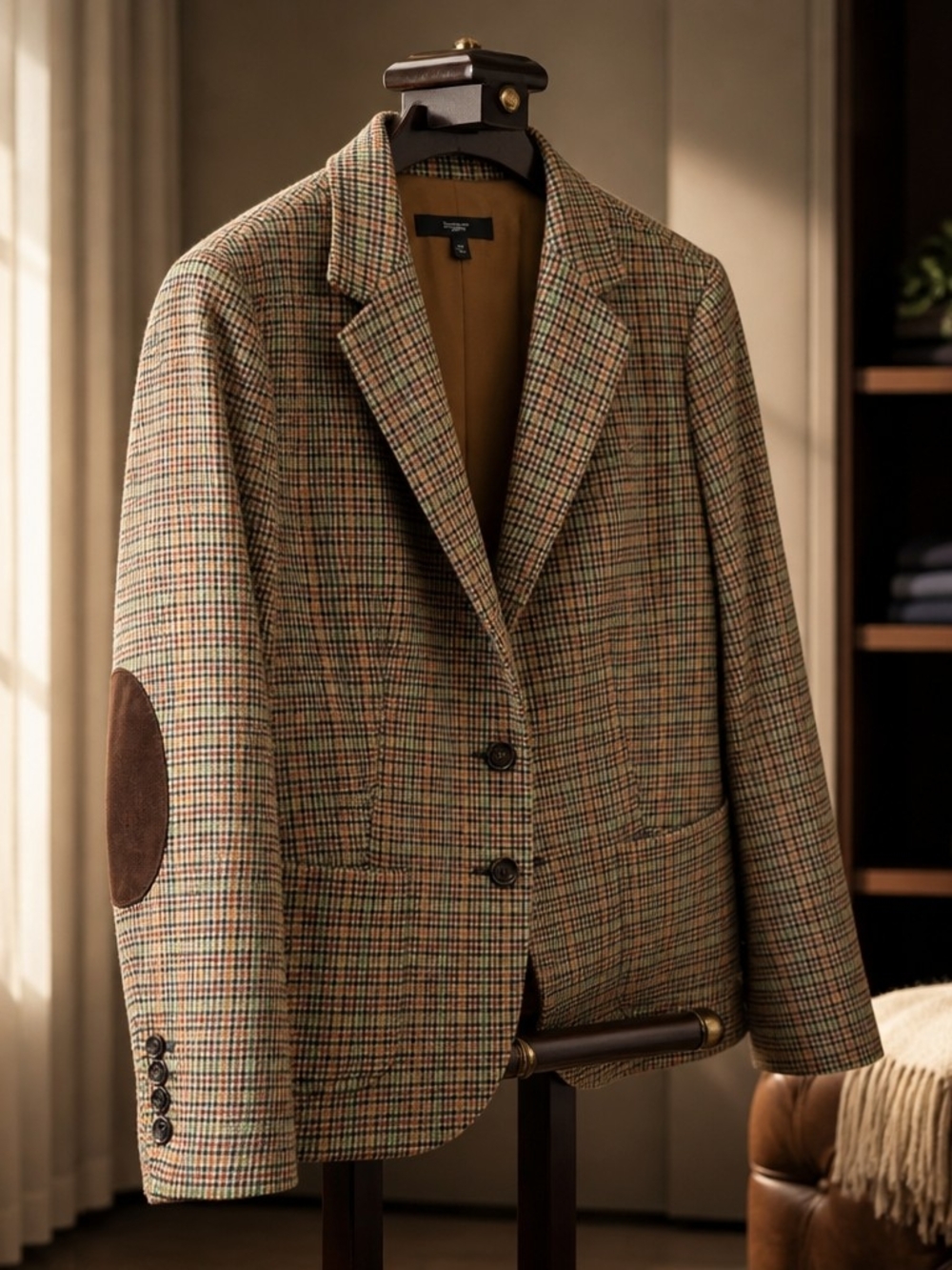 Talbots Brown Multi Plaid Blazer with Suede Elbow Patches